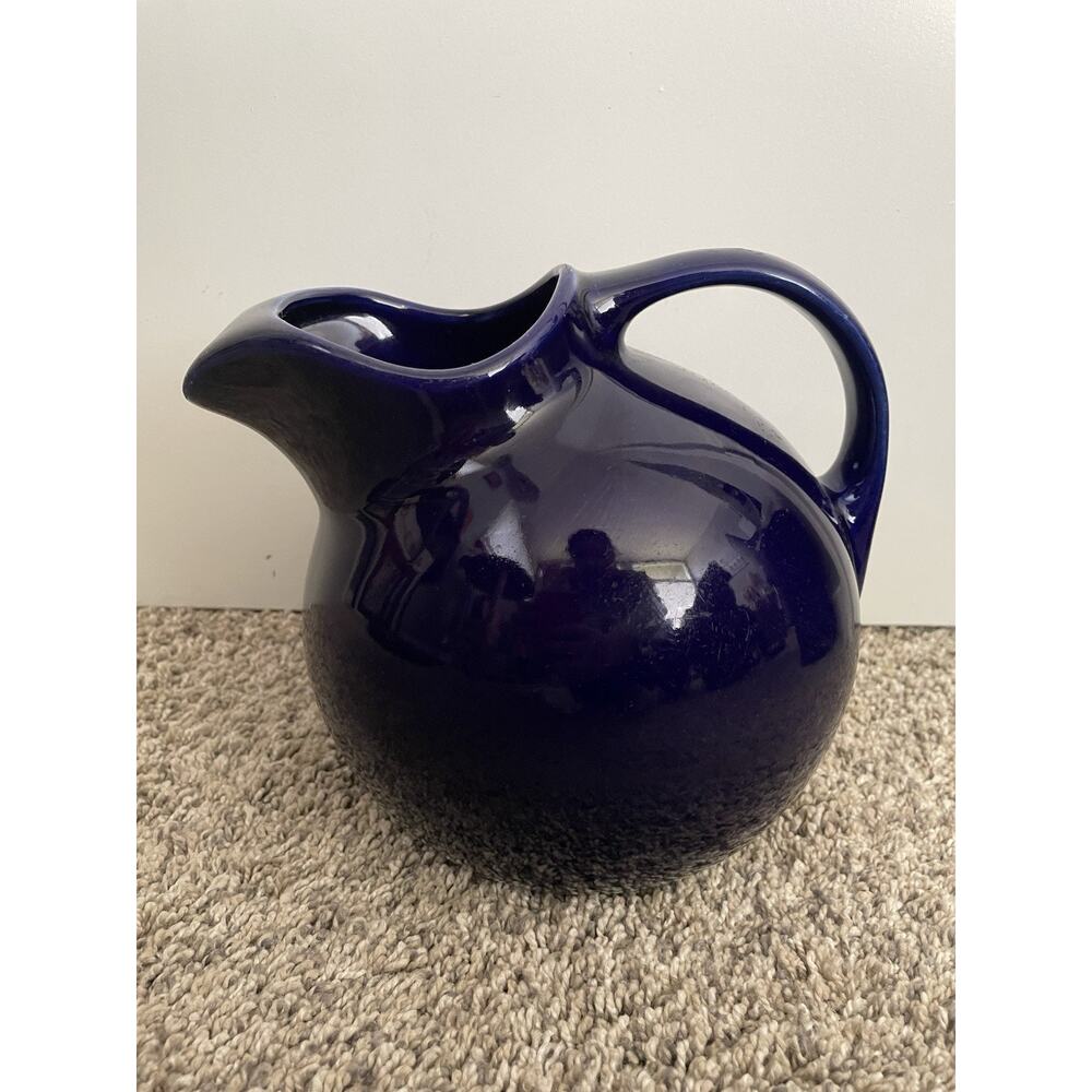 Hall Pottery Cobalt Blue Water Pitcher Round Ice Lip #633 USA Vintage